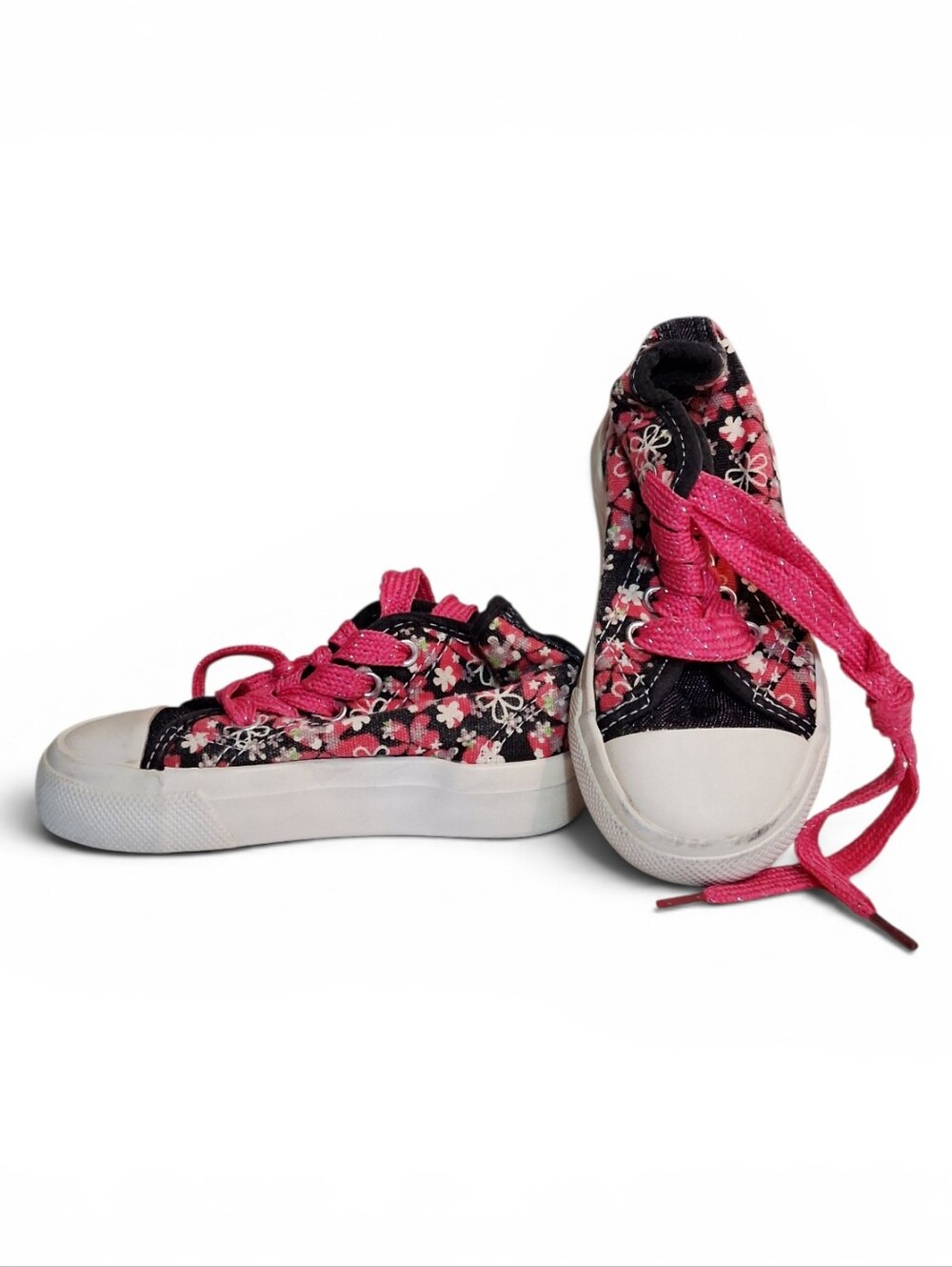 Floral Glitter Lace-Up Sneakers | Pink Canvas Shoes | Toddler Girl Size 7